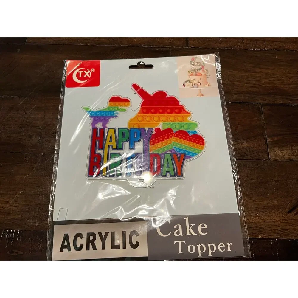 Acrylic Birthday Cake Topper Fidget Popper Rainbow Unicorn Dinosaur NEW NIP